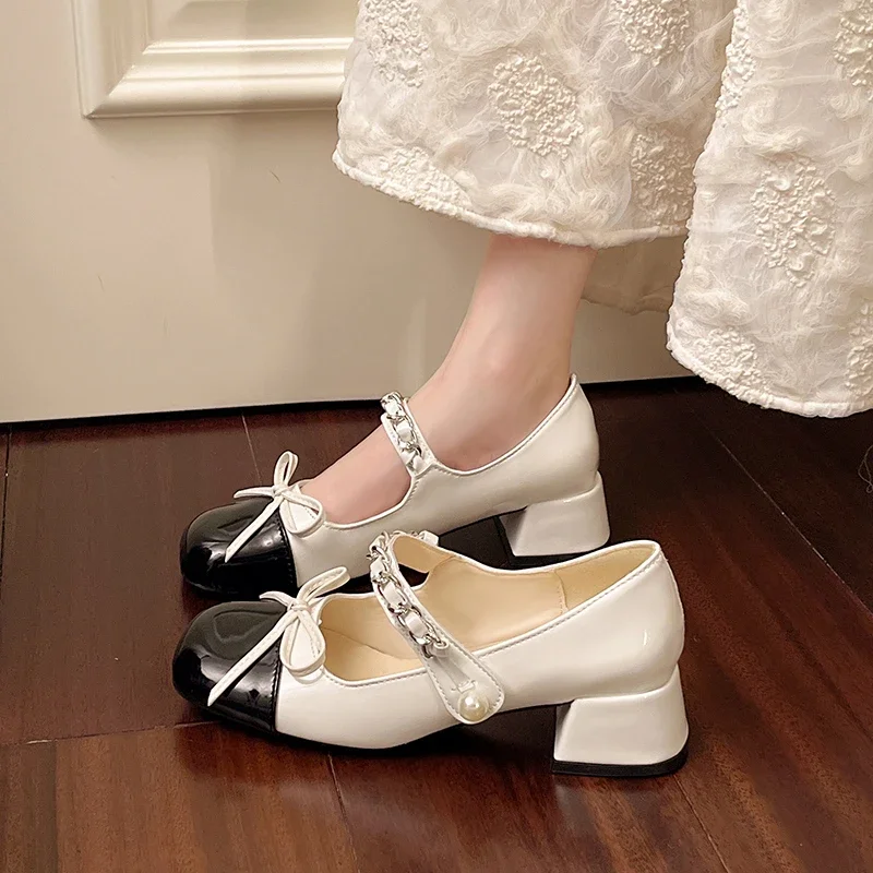 2025 Lolita Style Cute Round Head  Jane Pumps With Bow Women's Sweet Party Dress Midi Heels Shoes Fashion PU Sandals Fashion New