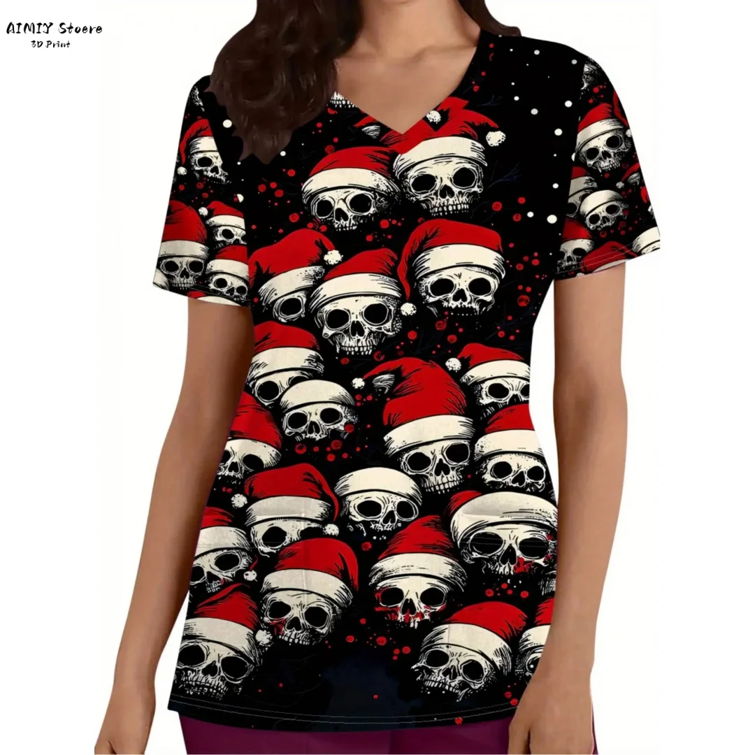 

Women's Christmas Nurse Uniform Festive Christmas Tree Print V-Neck Short Sleeve Top with Pockets Nurse Shirt
