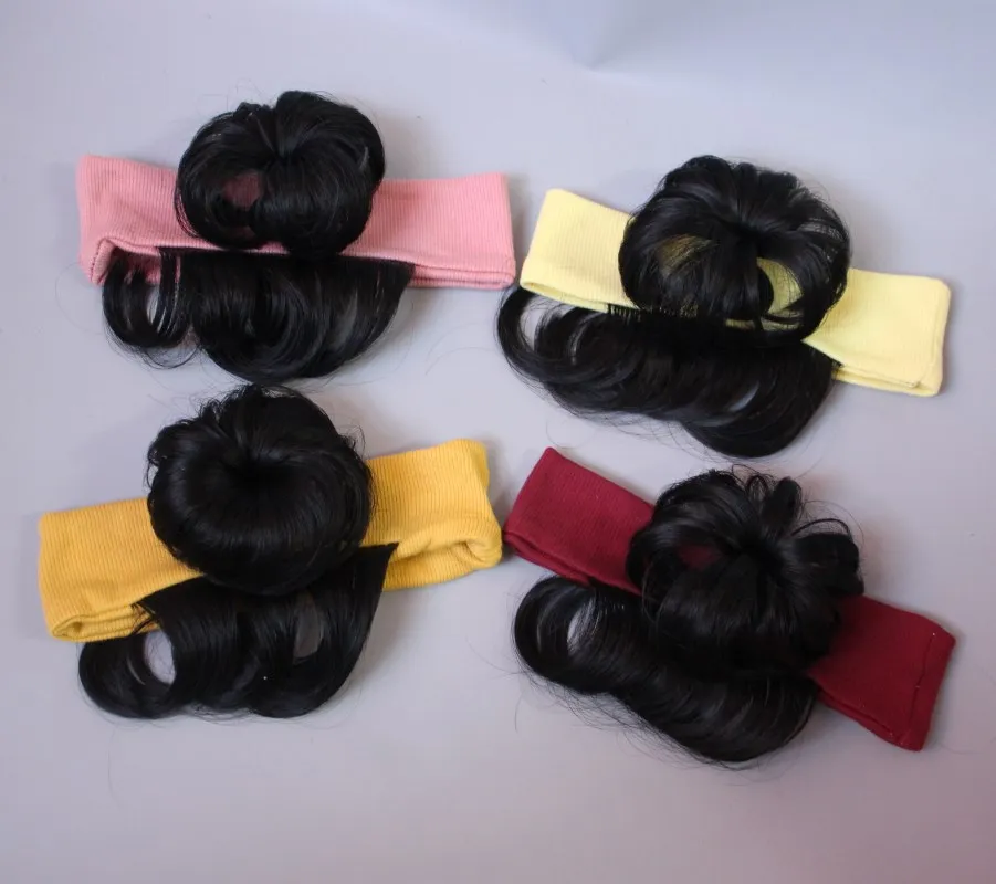 Baby Kids Hairband With Wigs Adorable Bun Elastic Headband Hair Piece Man Buns Topknot Girls Headband Stretch Black Hair