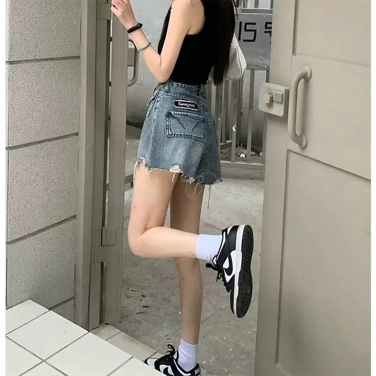 Retro Wash Fur Edge Denim Shorts Women Summer New Niche Design Hot Girl High Waist Slim Loose Wide-Leg A-Line Pants