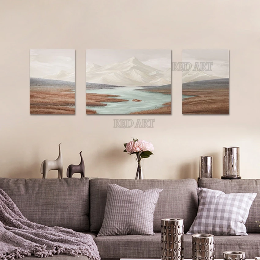 3 Panels Abstract River Landscape Oil Painting Frameless Large Canvas Wall Scenery Picture Artwork For Hotel Wall Decoration