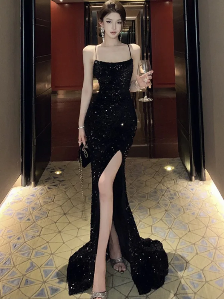 

Sexy Black Sequins Womens Dresses Elegant Spaghetti Strap Sleeveless Lace-up Evening Party Long Dress Slim Split Vestidos Robe