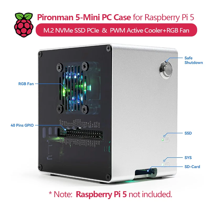 Чехол Pironman 5-Mini для ПК для Raspberry Pi 5 (нет в комплект), поддерживает M.2 NVMe SSD PCIe, с активным кулером PWM + вентилятором RGB