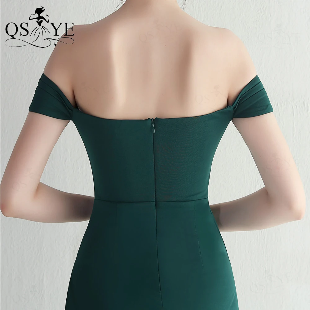 Off Shoulder Groene Lange Prom Jurk Ruches Lijfje Sexy Split Party Jurk Stretch Satijn Schede Meisje Smaraldevening Jurk Bruidsmeisje