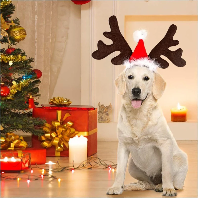 Pet Christmas Decorations for Dogs Funny Headdresses New Year Costumes Golden Retriever Shiba Inu Deer Antler Hats Pet Products