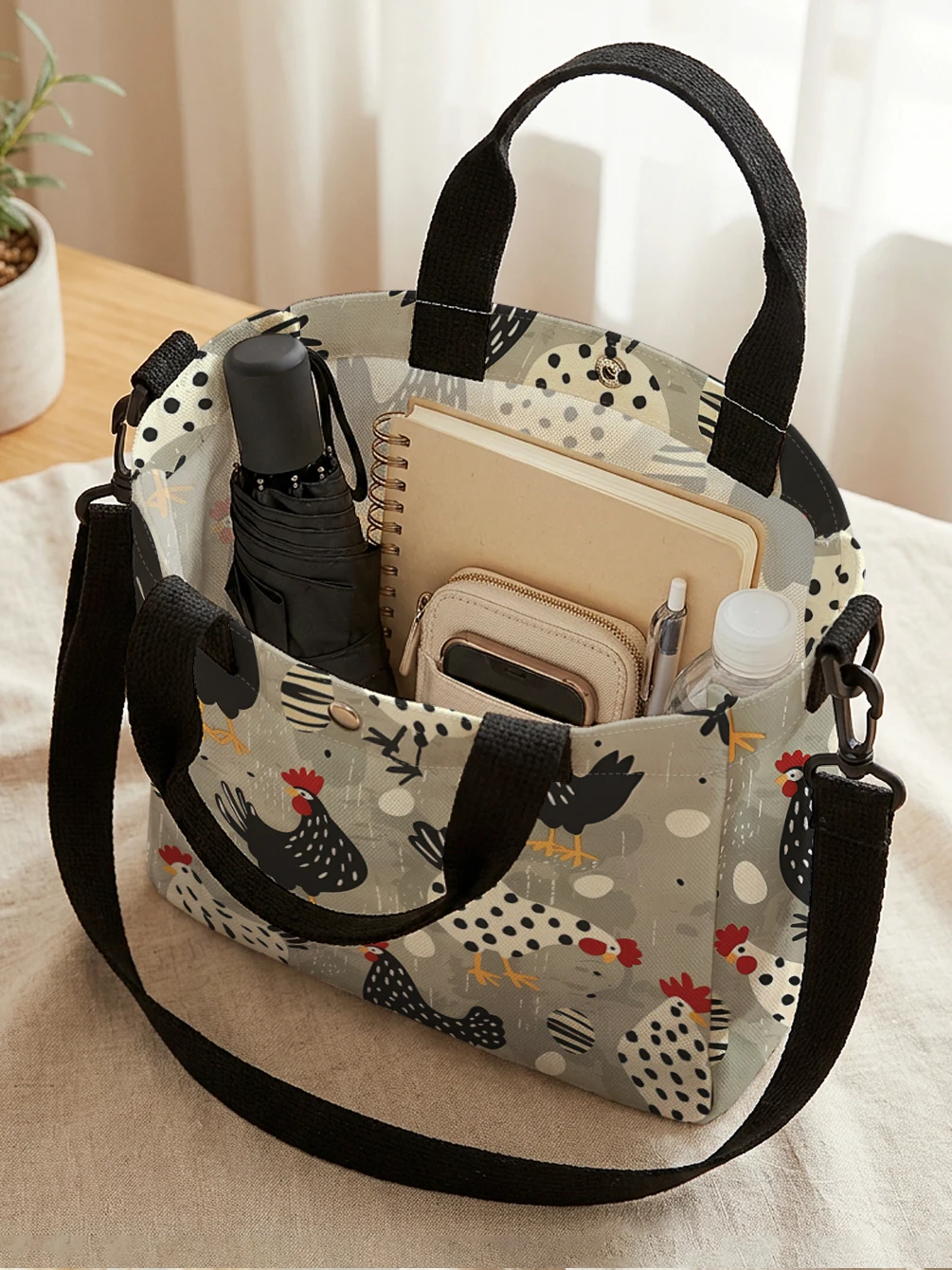 Cute Spotted Hen Chicken Egg Print Canvas Tote Bag Detachable Strap Crossbody Handbag For Women Daily Shopping view 2