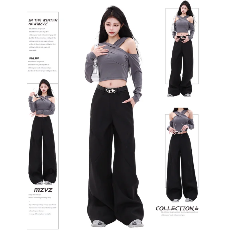 

Black Suit Pants Womens Solid High Waist Straight Y2K Work Pants Europe and America Fashion Leisure Female Wide Leg Trouser