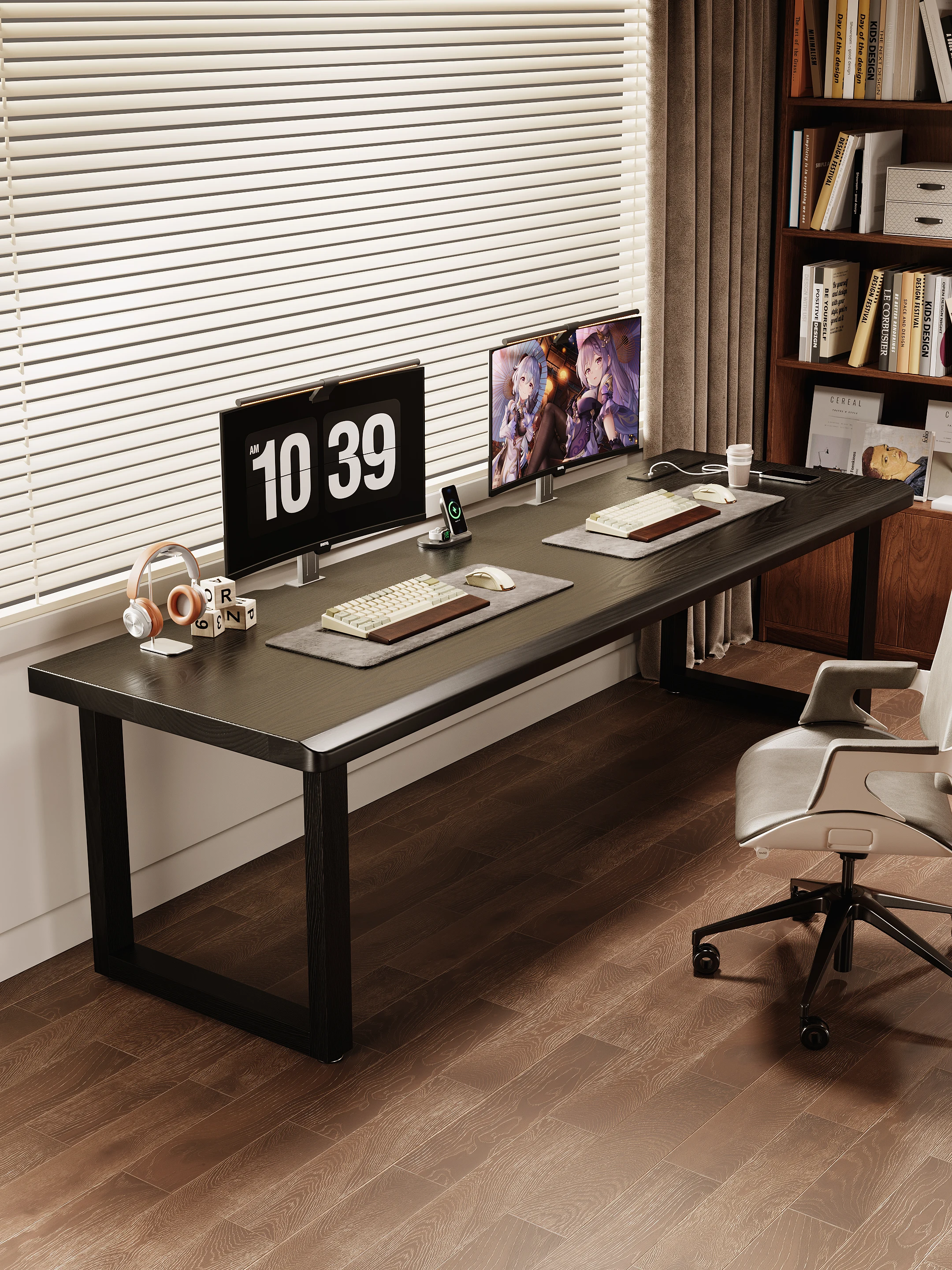 Black solid wood large board e-sports table couple e-sports room double desktop computer table workbench desk long table