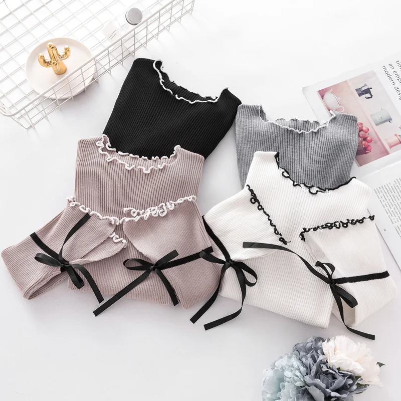 OCEANLOVE Autumn Winter Sweaters Women Tops Flare Sleeve Ruffles Korean Fashion Pull Femme Sweet Lace Up Short Pullovers