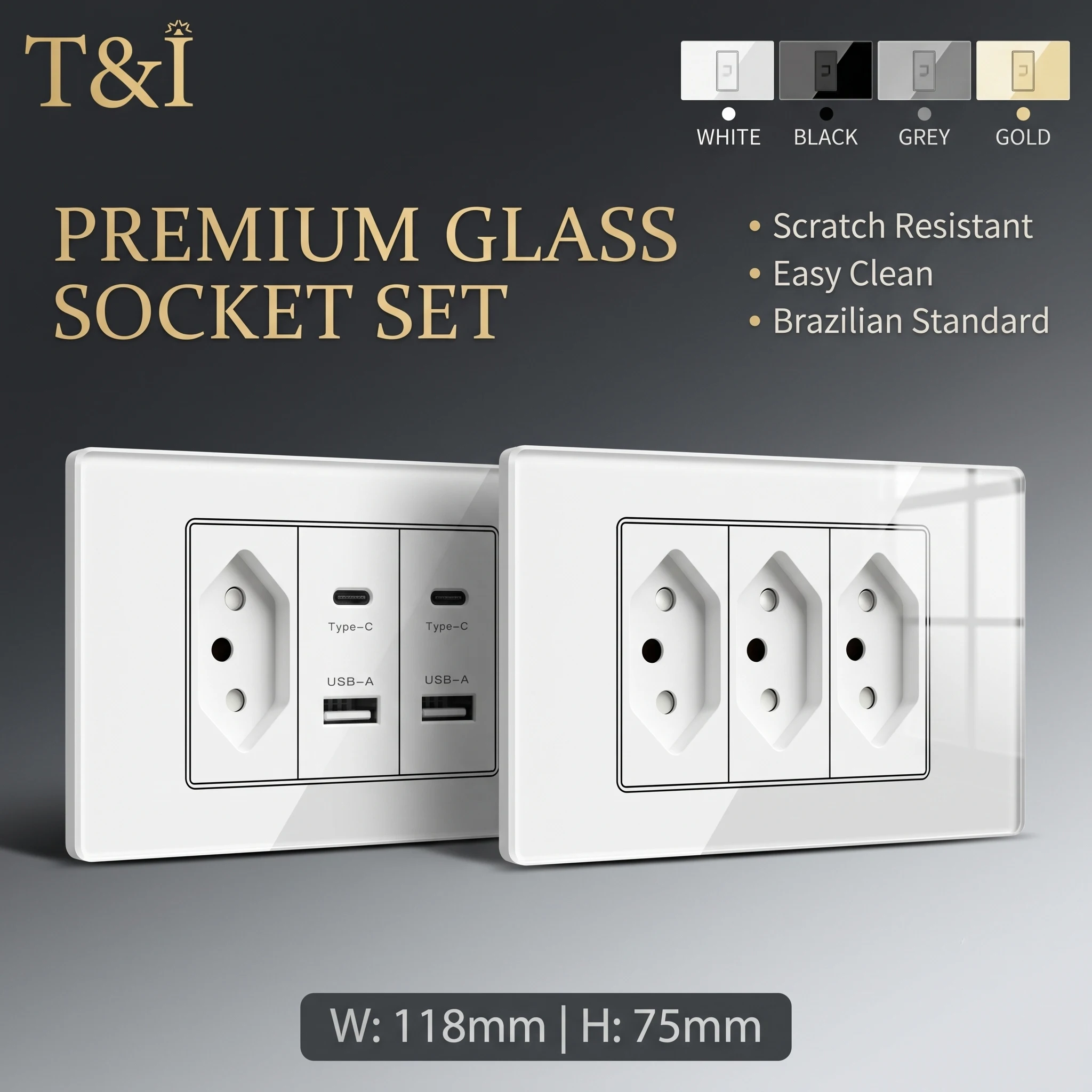 Tempered Glass Wall Socket 3 Gang USB-C USB-A Outlet Brazil Standard Type-C Wall Switch Home Office Use CE RoHS