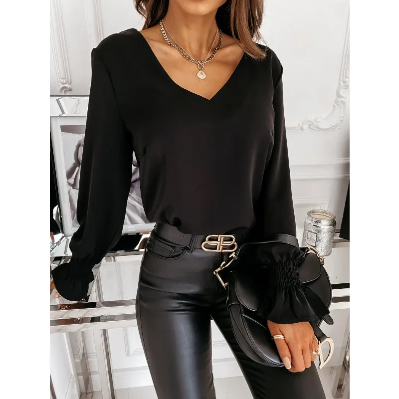 Spring/Summer Women's Casual Solid Color Long Sleeved Top T-shirt Fashion V-neck Back Lace Sexy T-shirt Holiday Party T-shirt