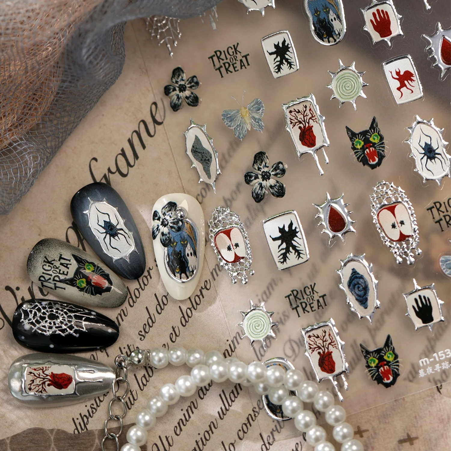 Bold Gothic Halloween 5D Nail Art Stickers Black Cat Spider Dripping Blood Heart Candle Thorn Apple Frame Self-Adhesive Decor