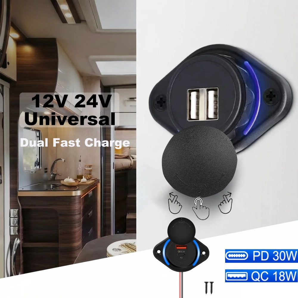 Slide-Cap Dual RV USB Outlet Wall Mount Panel Adapter Fast Charging 12V-24V Car Socket for Bus, Boat, Vehicle Marine ATV