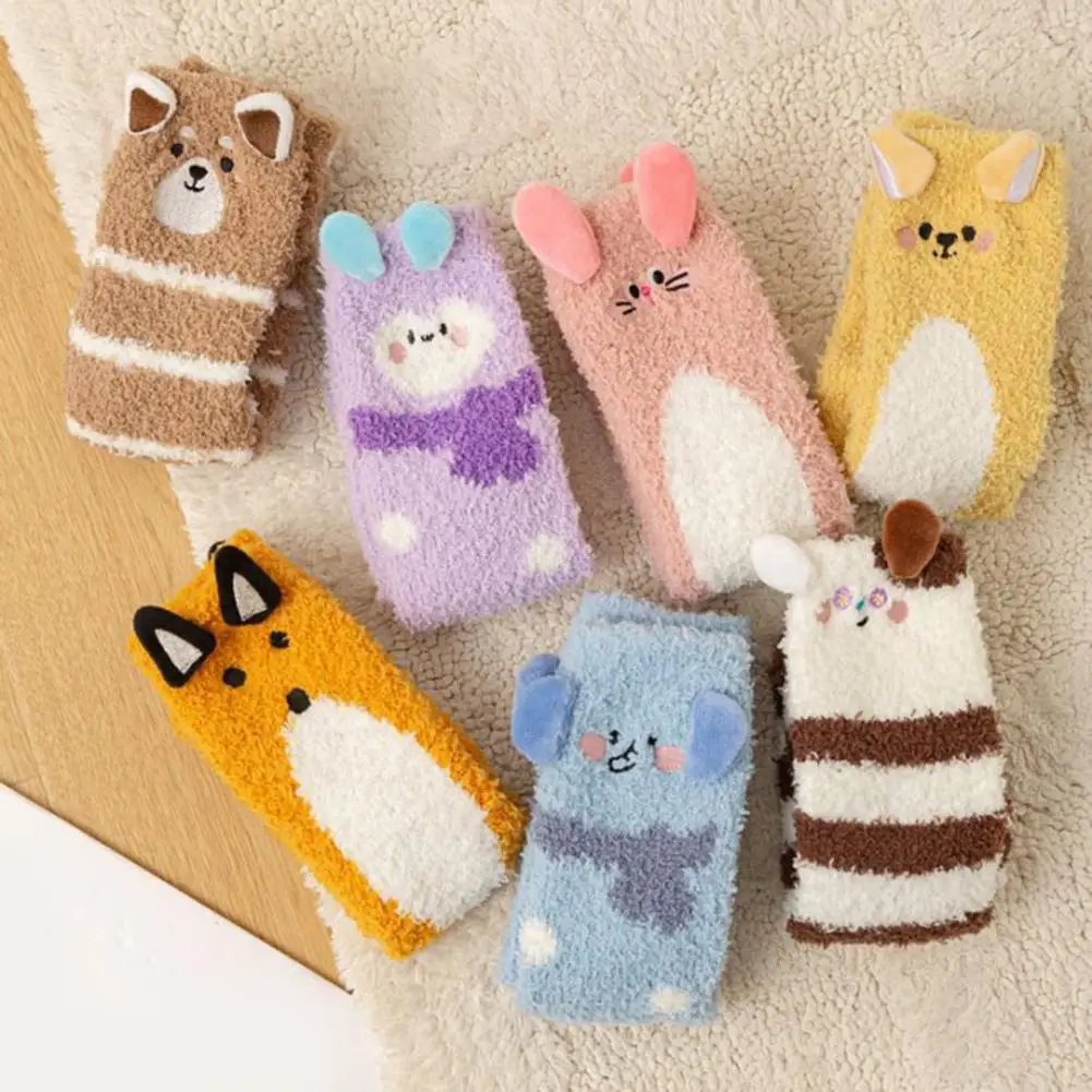 

1 Pair Sleeping Socks Cartoon Animal Design Thickened Coral Velvet Warm Winter Socks Mid-Tube Non-Slip Indoor Winter Socks Warm