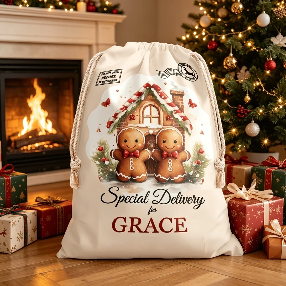 1Pc Custom Name/Text Christmas Imitation Hemp Drawstring Bag, Gingerbread Man Pattern Design Gift Storage Pouch,Party Candy Bags