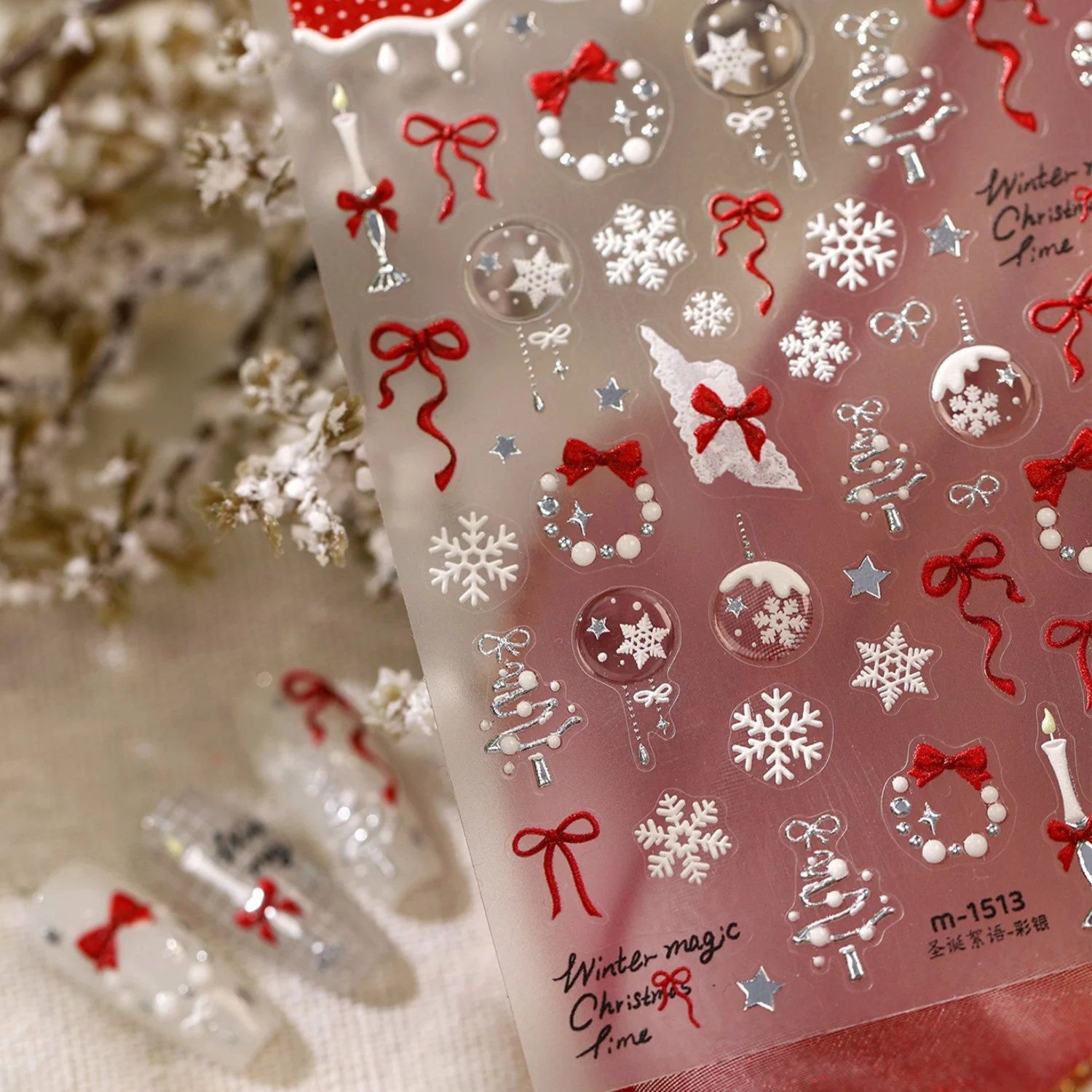 Vintage Weihnachts-5D-Nagelaufkleber, Weinrot, Schleife, Schneeflocke, Weihnachtskugel, Weihnachtsbaum, Perlenkette, Kerze, selbstklebende Nagelkunst-Abziehbilder