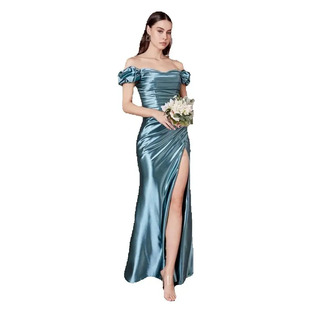 Elegante blauwe bruidsmeisjes trouwjurken strapless off-shoulder mouwen vloerlengte sexy hoge zijsplit dames galajurken