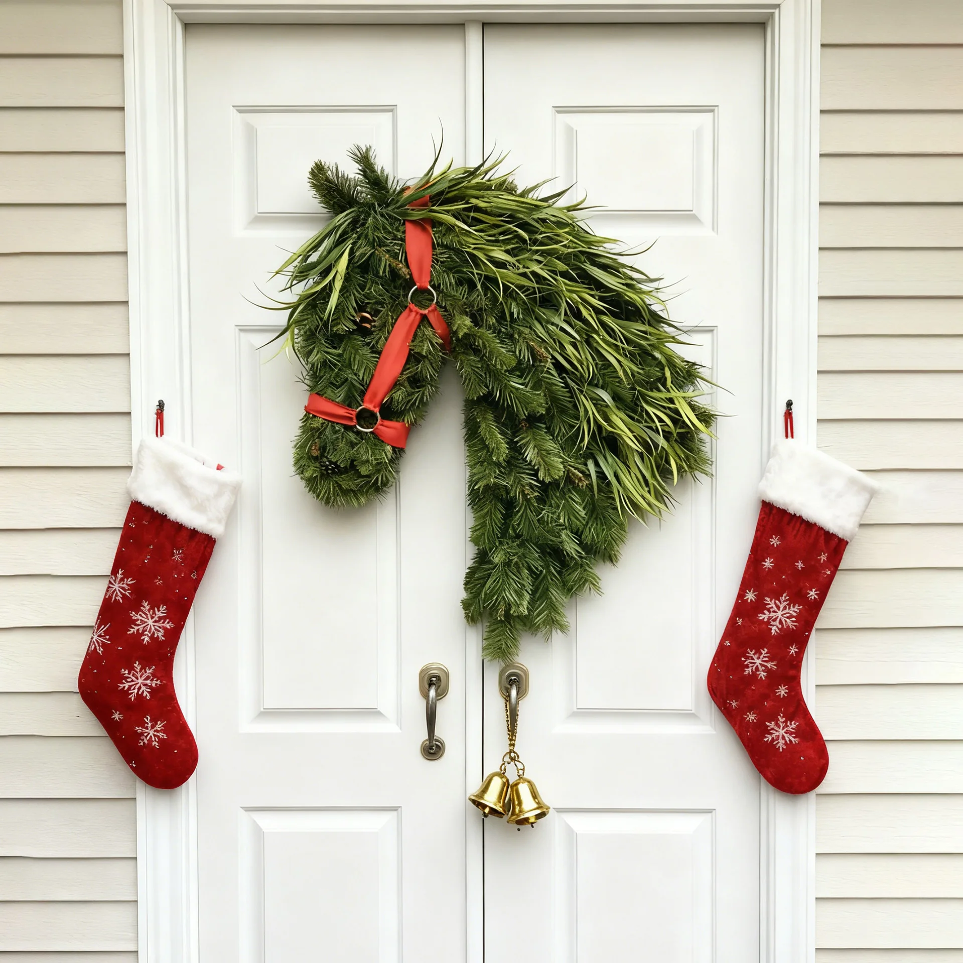 عيد الميلاد الحصان اكاليل ديكور للباب الأمامي الإبداعية مقلد عيد الميلاد الحصان رئيس جارلاند الاصطناعي إكليل ديكور المنزل لافتة للباب