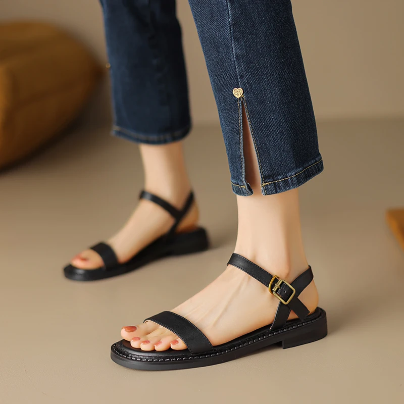 FEDONAS Concise Ankle Strap Women Sandals Genuine Leather Summer Casual Working Shoes Woman Low Heels Leisure Basic New Arrival