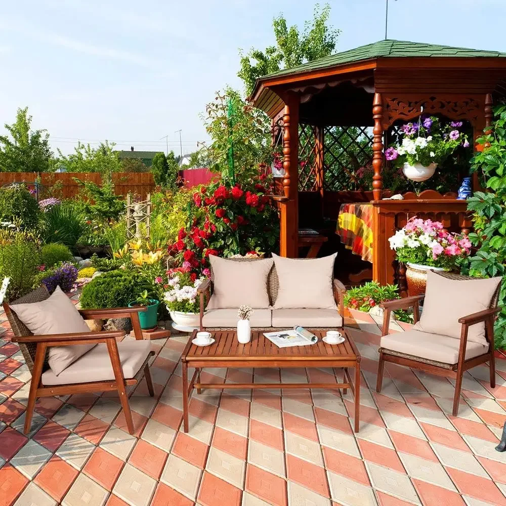 4-Piece Outdoor Acacia Wood Patio Sofa Set with Cushions and Coffee Table for Backyard, Garden, or Poolside
