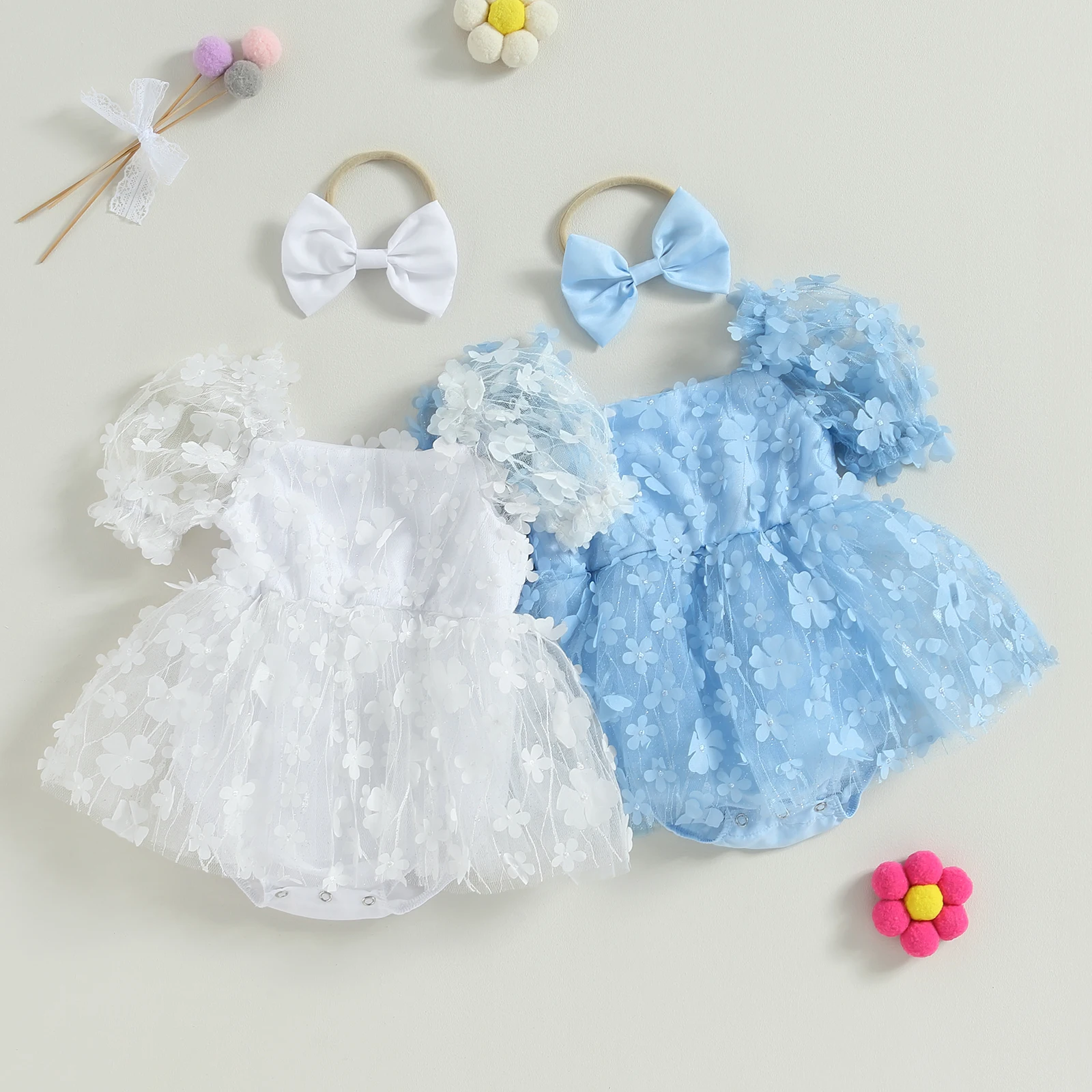 

2024 Summer New Baby Girl 2 Piece Outfits Fashion Toddler Girls Flower Short Sleeve Romper Dress with Cute Headband Set