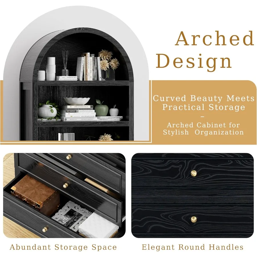 خزانة تخزين مقوسة، خزانة كتب مقوسة، خزانة مطبخ حديثة للمزرعة مع 3 أدراج كبيرة، أرفف قابلة للتعديل ltiFunct