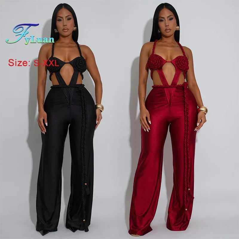 

Sexy Women Jumpsuits Solid Color Bustier Off Waist Jump Suit Fashion Backless Sleeveless Nightclub One-Piece Straight-Leg Pants