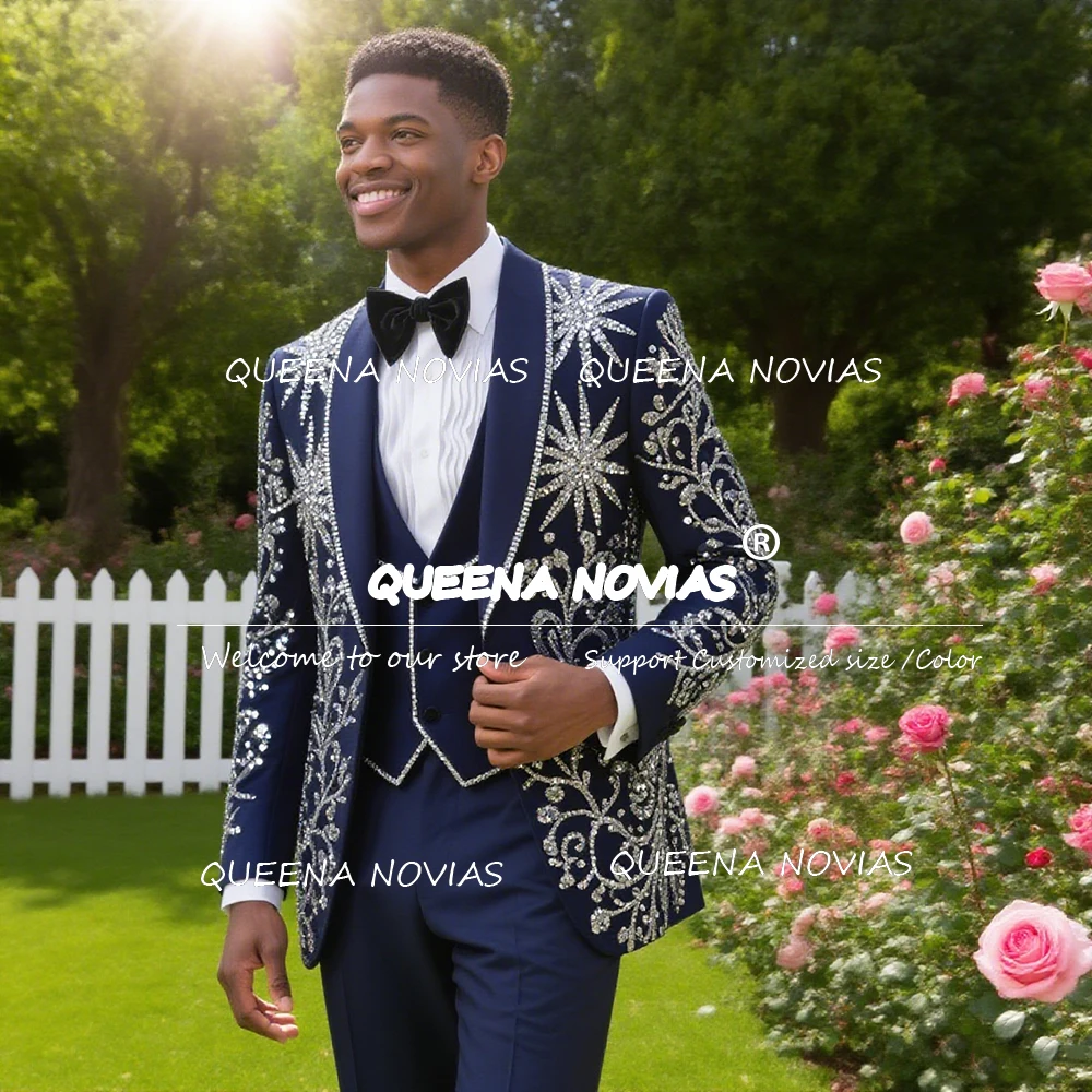 

Luxury Crystals Beaded Suits Men For Wedding 3 Pieces Sets Shawl Lapel Groom Blazers Customized Man Banquet Party Tuxedos 2026