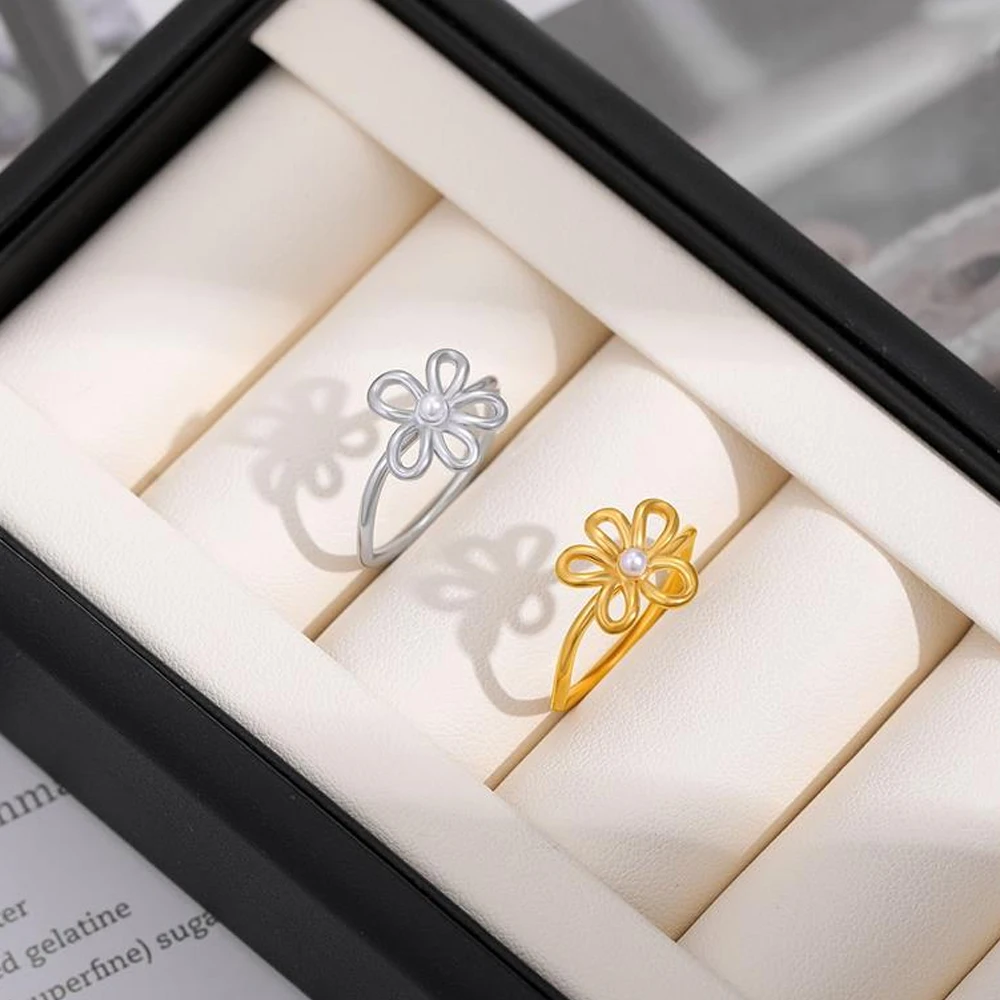 Minimalist Flower-shape Wed Ring Non Tarnish Anti Allergic 18K Gold Plated Pearl Rings Stainless Steel Jewelry Accessories Gift