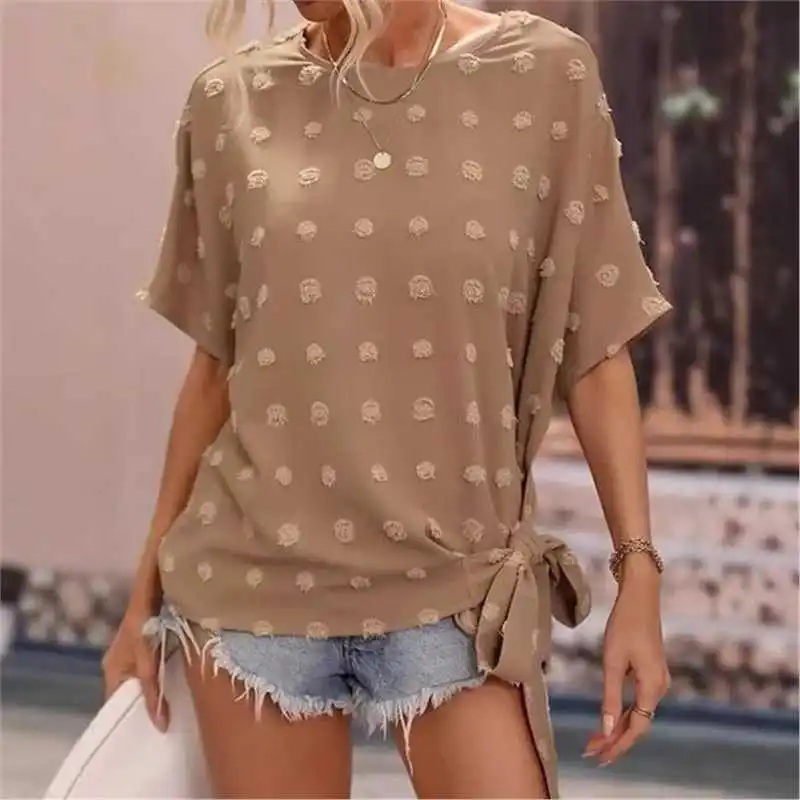 

Модная женская футболка с круглым вырезом, коротким рукавом, декоративными пуговицами и узлом, летняя новинка, свободный крой, полиэстер, рукав-фонарик