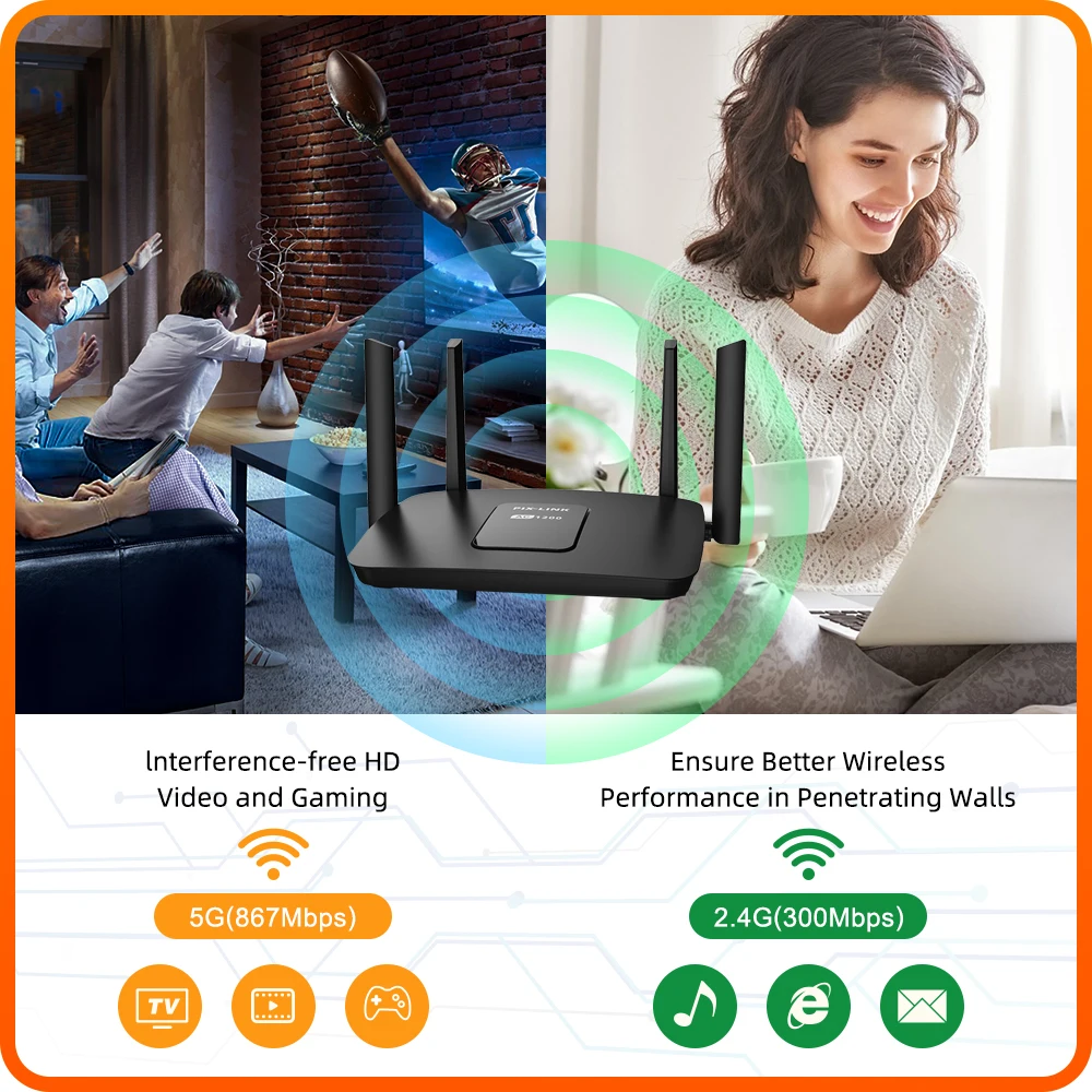 Imagem -04 - Roteador Wifi 1200mbps 2.4g 5g Alta Velocidade Banda Dupla Gigabit Ponto de Acesso Casa Inteligente Portas Lan Pixlink-ac06