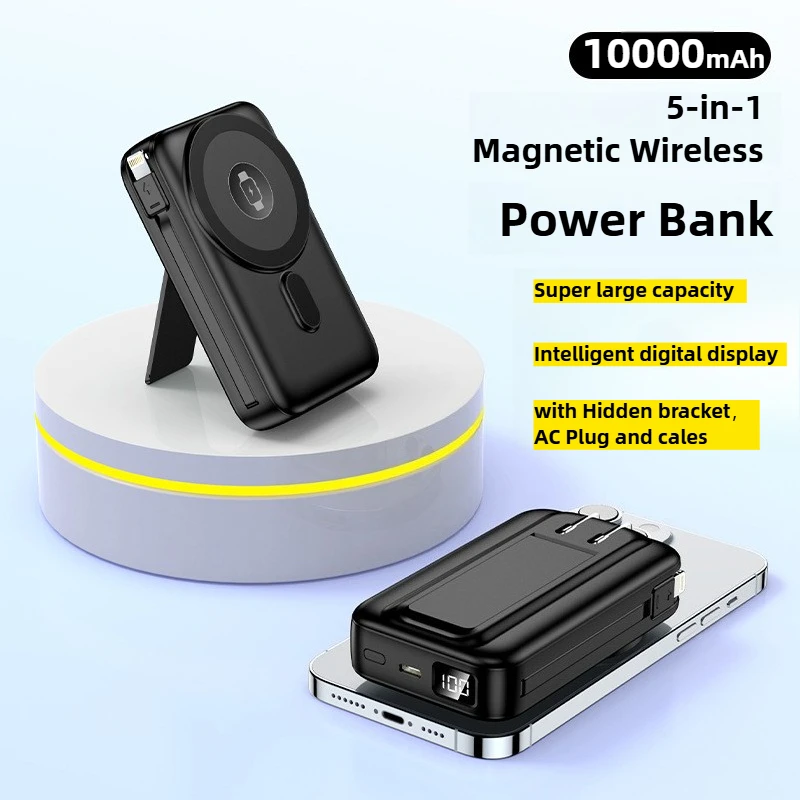 

10000mAh Magnetic Power Bank for IPhone 15 14 13 MagSafe 22.5W 15W Fast Charging Wireless Powerbank with Cable Holder AC Plug