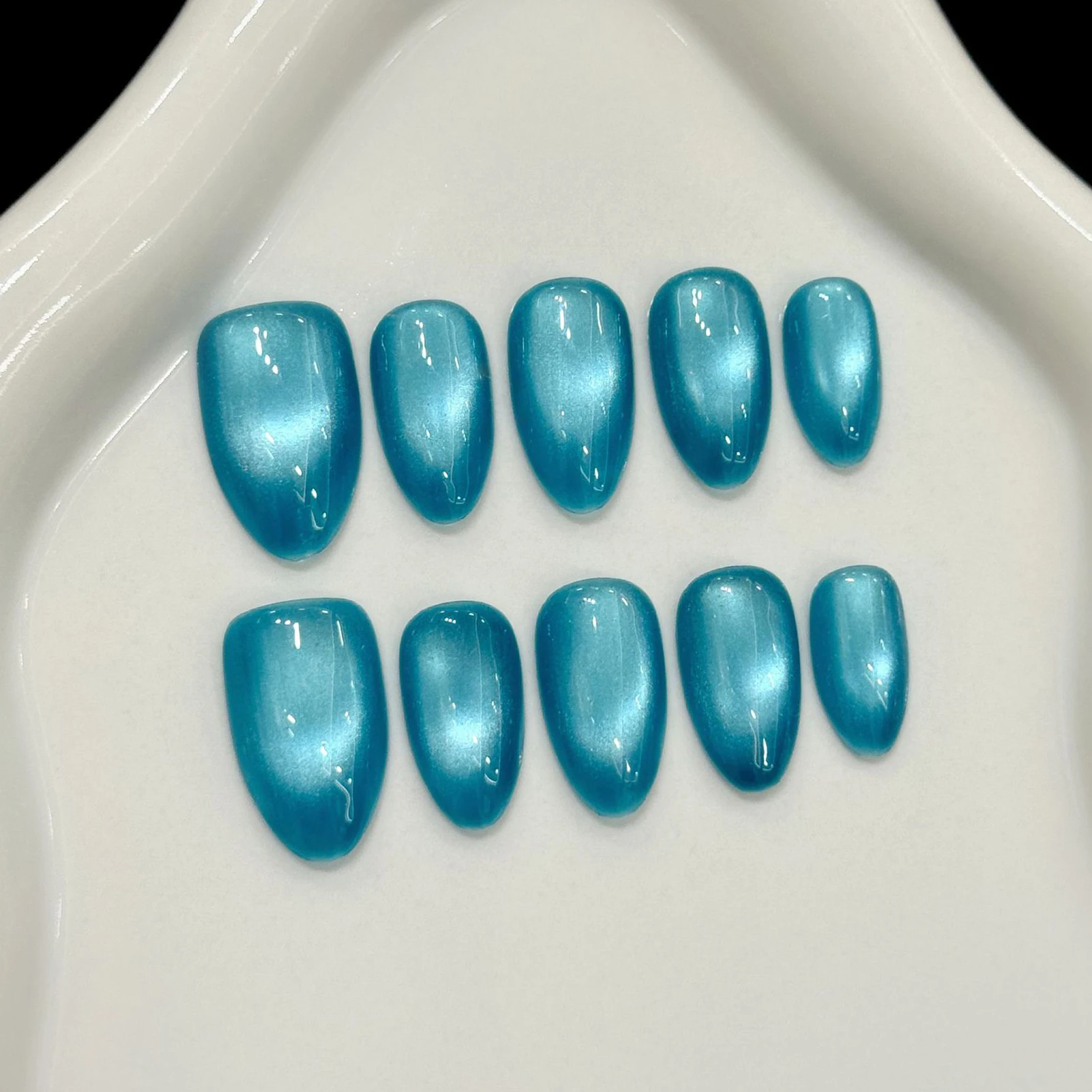 Glass Bead Cat Eye Almond Nails, Handmade Reusable Press On Nails, Solid Blue Color