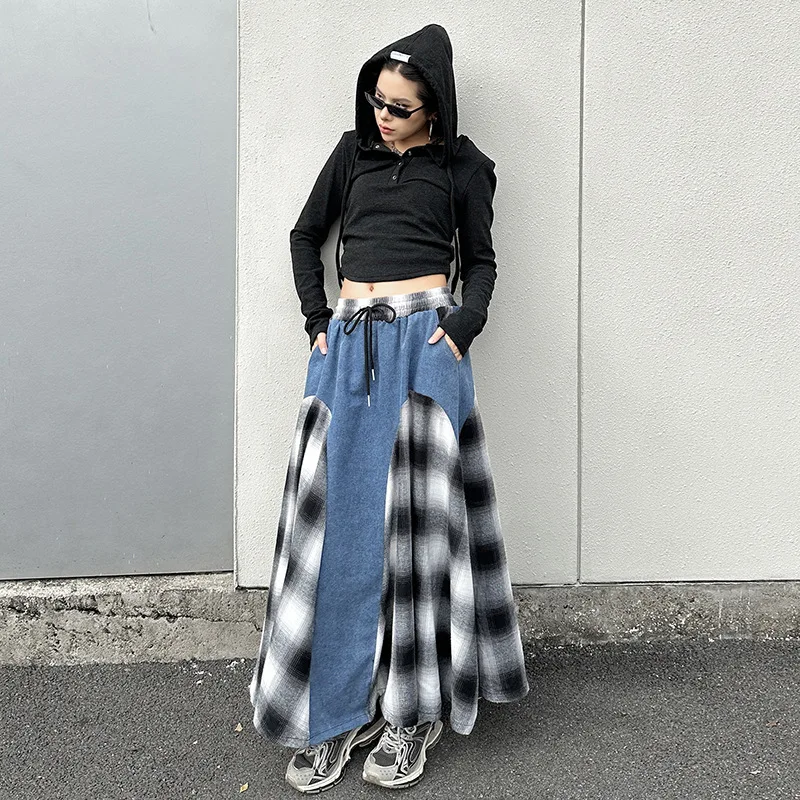 Denim Women Skirts Plaid Spliced Skirt Patchwork A Line High Waist Drawstring Ankle Length Loose Office Lady Casual 2025 Autumn