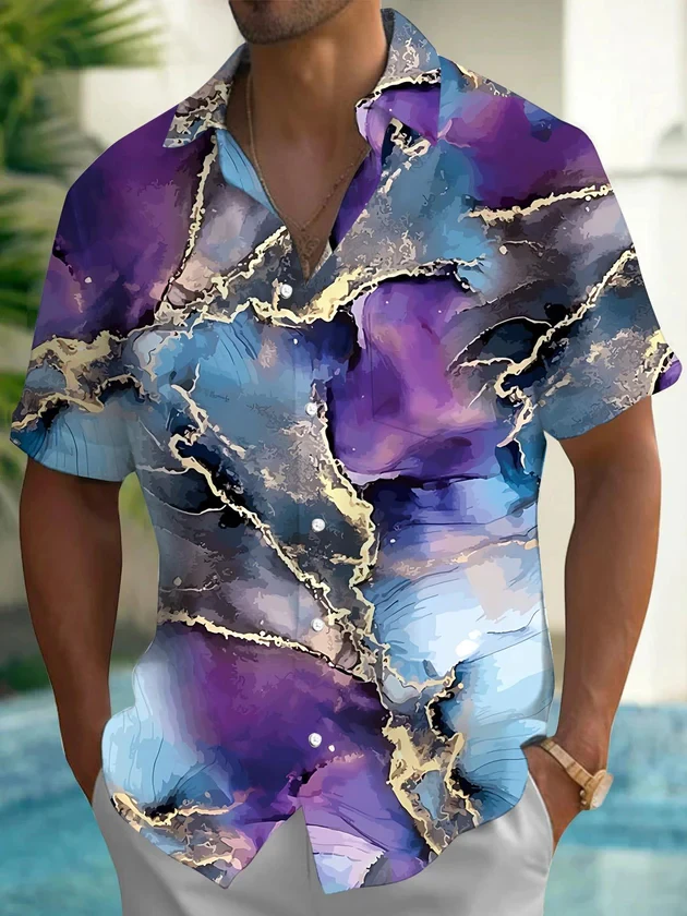 Men Golden Ink Marble Texture Camp Collar Shirt Luxury Style Beach Vacation Casual Hawaiian Mens Clothing