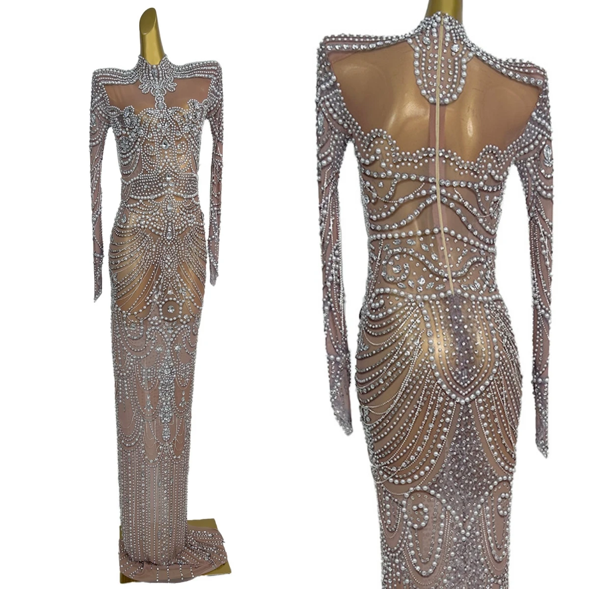 

Luxury Sparkly Rhinestone Pearls Mesh Long Dress Club Night Party Costume Birthday Celebrate Evening Gown Show Outfit Nianlun