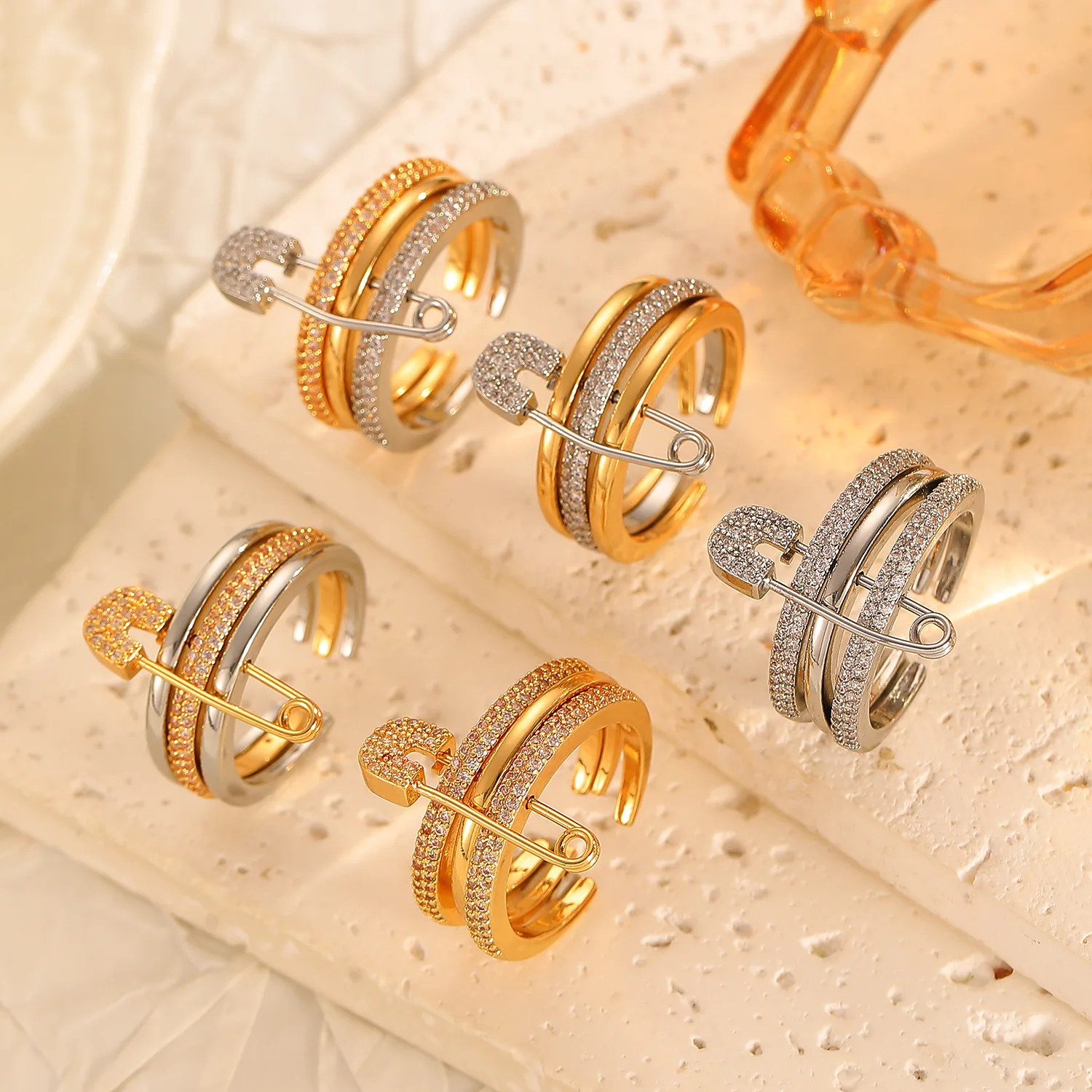 Three Tone Split Design Women's Ring Crystal Safety Pin Trendy Jewelry Statement Stackable Rings Set