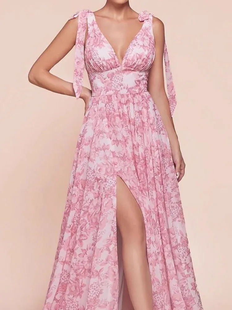 Sexy Frauen High Split Bankett Kleid Romantische Blumen Gedruckt Spitze Up Abendkleid Elegante V-ausschnitt Hohe Taille Falten Chiffon Kleid