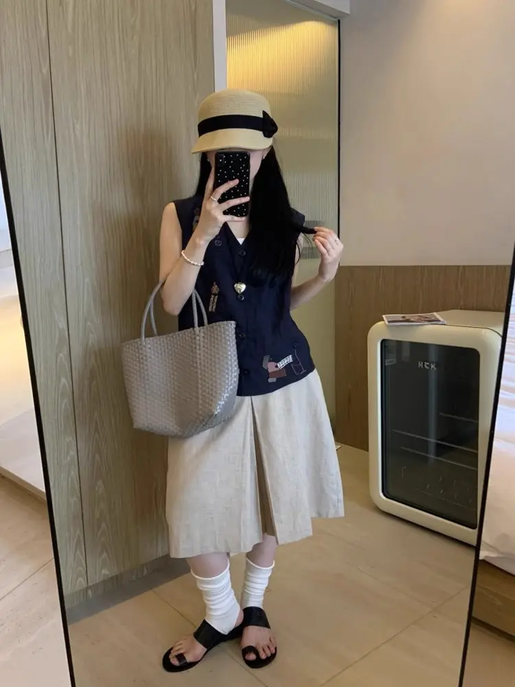 Ele Haftowana Lniana Kamizelka Cienka Bluzka na Ramiączkach z Dekoltem w Serek Damska Moda Letnia Odzież Wierzchnia Uniwersalna Mieszanka Bawełny i Lnu