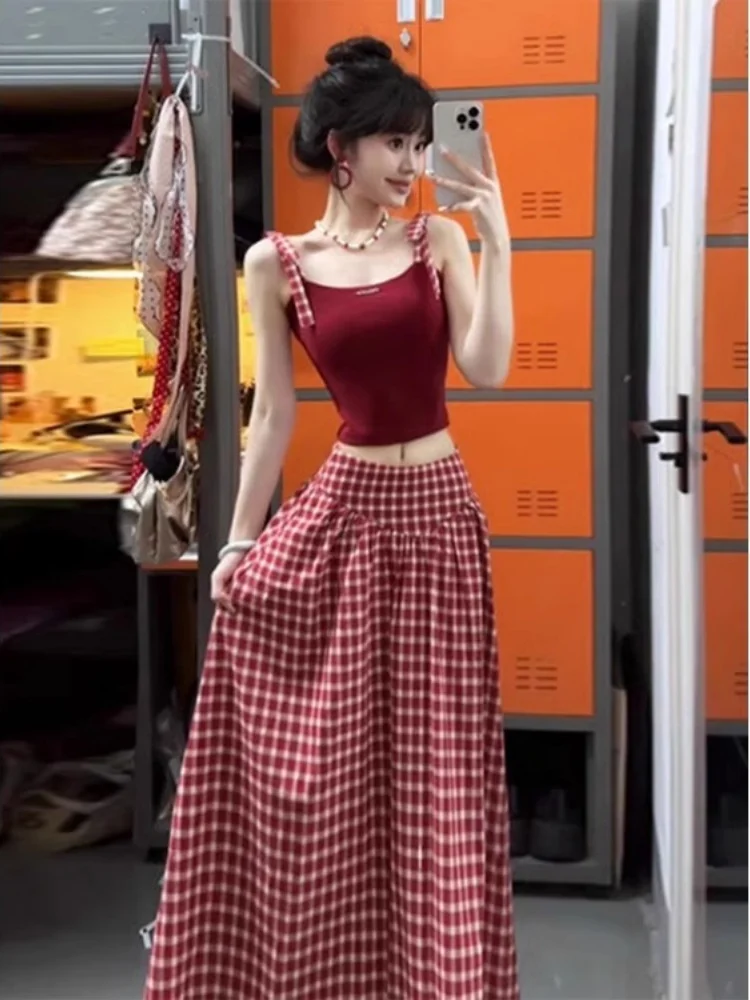 

Красная клетчатая юбка миди женская зимняя, новинка, ретро-дизайн, расклешенная, праздничная, А-силуэт, для повседневной носки