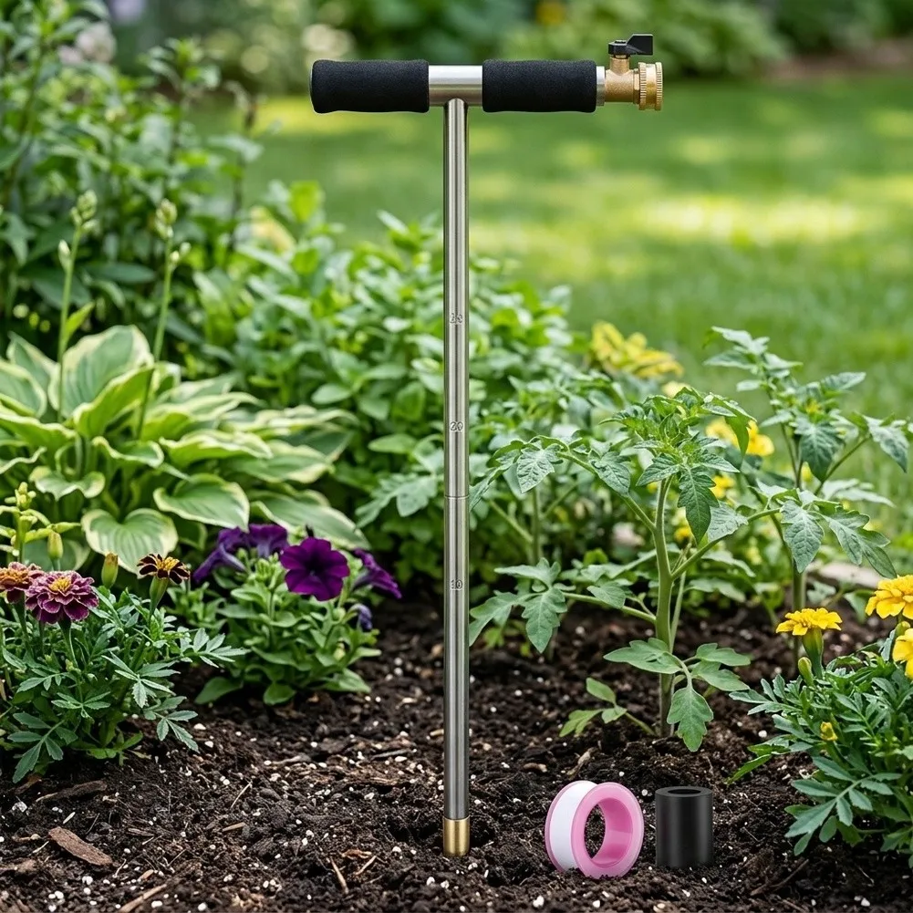 Stainless Steel Deep For Root Irrigation Device with T Shaped Handle for Use with Annuals Perennials and Shrubs