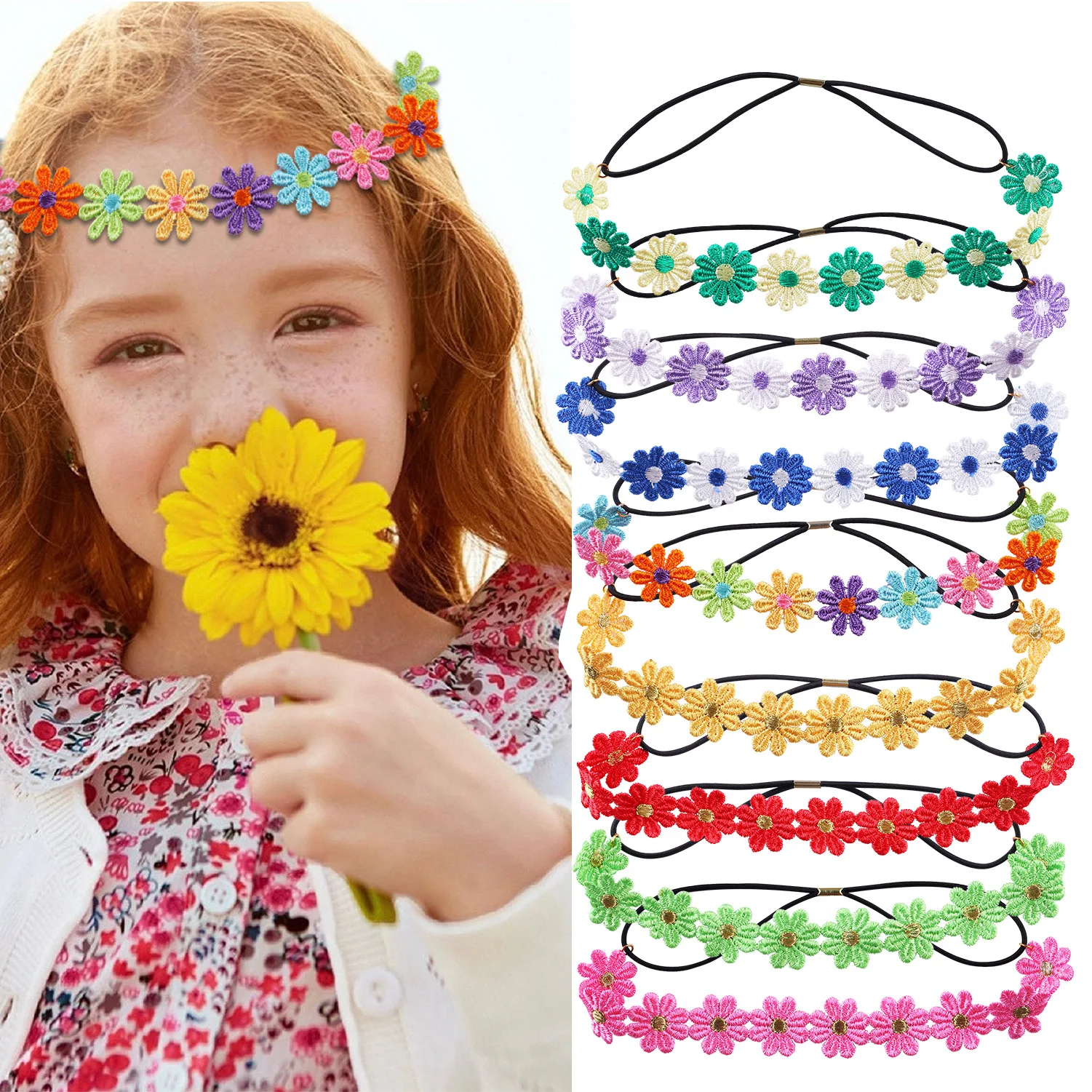 Daisy Flower Headband Sunflower Crown Hair Wreath Bohemian Floral Headpiece for Spring Tourism Wedding Festivals Party