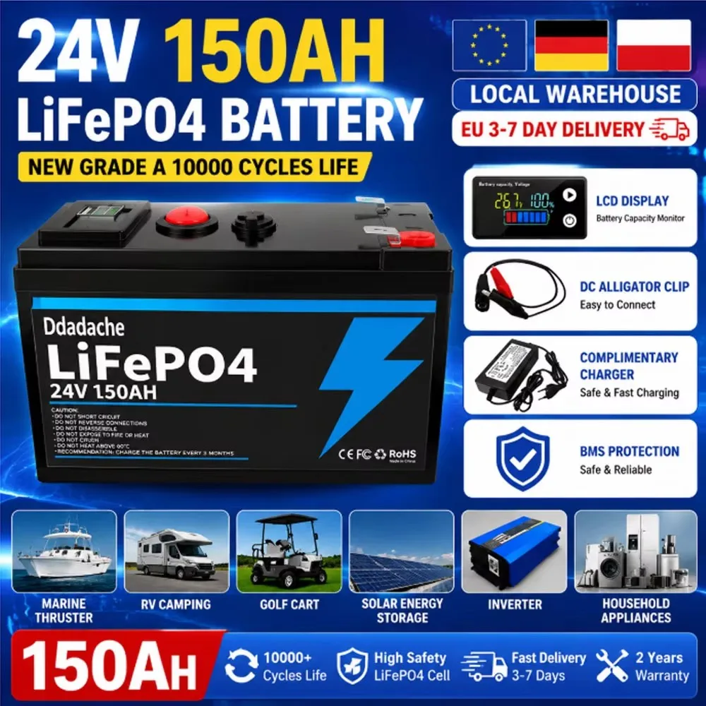 Batterie rechargeable au lithium-ion LiFePO4 24V 150Ah, utilisée pour les jouets électriques, les scooters, les radios, les batteries de fauteuils roulants, les détecteurs de poissons pour kayaks, les panneaux solaires