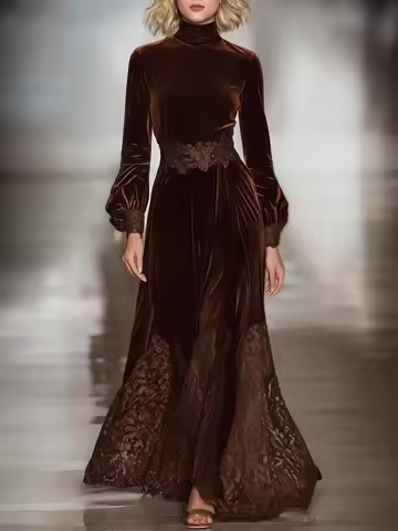 Elegant Velvet Dress for Women Spring Autumn Vintage Solid Turtleneck Lace Hem Long Dress High Waist A-line Evening Dresses