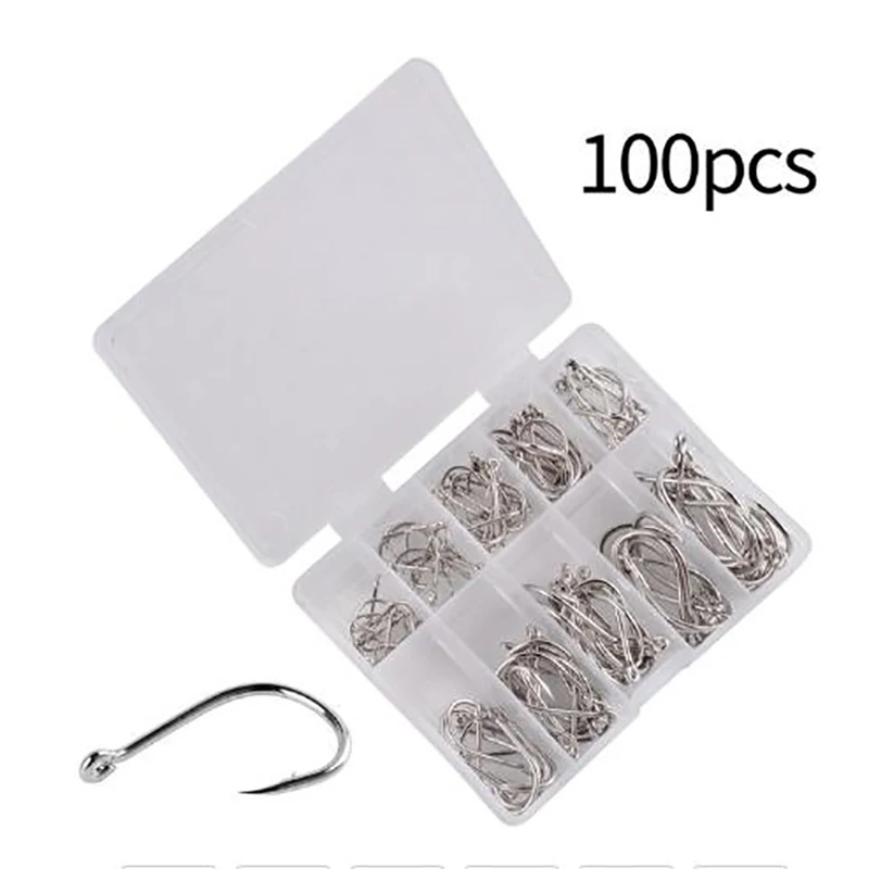 100PCS/Box Fishing Hooks Set with Fishing Tackle Box Saltwater Fresh Water High Carbon Steel Carp Fishhook Fishing Accessories