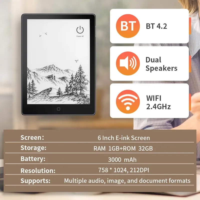 for 6 inch EReader HD Touchscreen WiFi 32GB EBook Reader E Ink Technology ComfortLight with Backlight Function Dark Gray