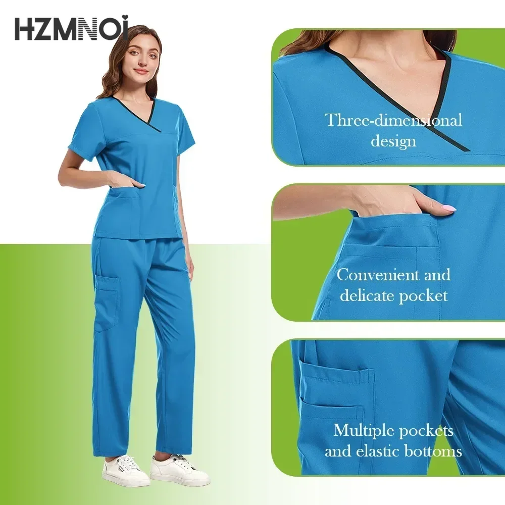 Conjunto de uniforme de enfermería para mujer, ropa informal de manga corta con cuello en V, ropa de trabajo de farmacia, uniforme médico de