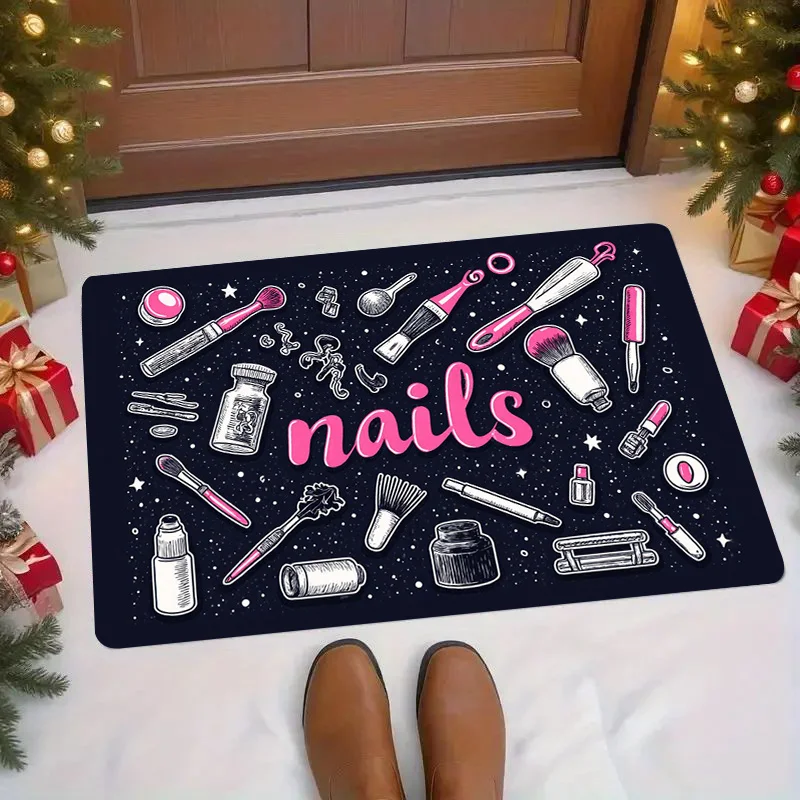 Nail Salon Tool Pattern Door Mat Pink Nails Print Non-Slip Shop Entry Floor Rug Beauty Studio Decor Carpet