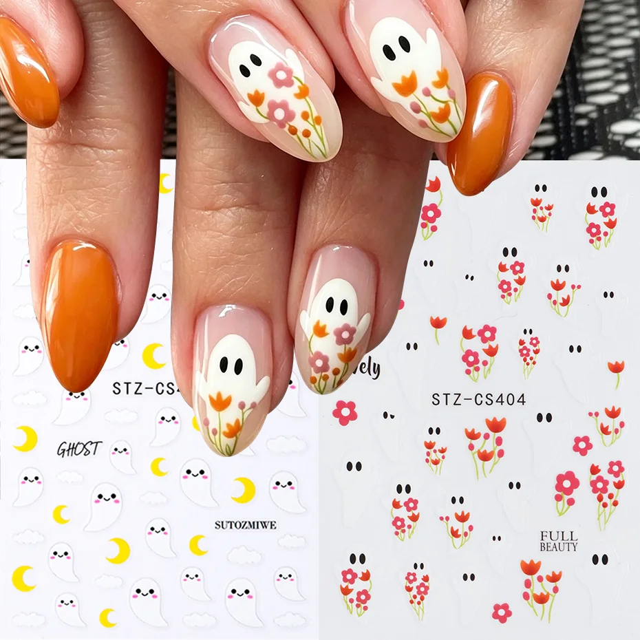 2pcs Cute Nail Ghost Halloween Nail Stickers Kawaii White Ghost Flower Moon Cloud Nail Decals for Halloween Party Nail Decor