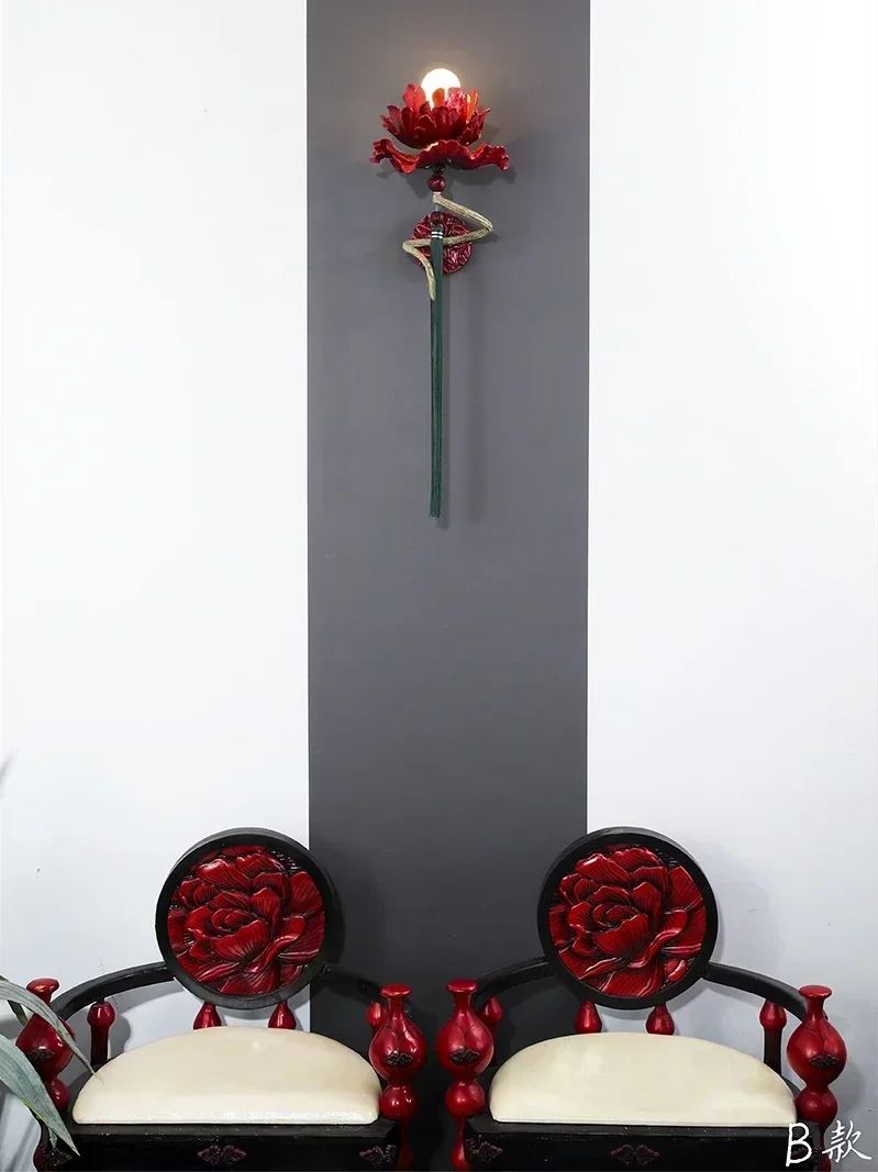 TechHPClassical Three-dimensional Peony Wall Lamp Chinese Style Antique Living Room Porch Aisle Red Lamps Traditional Hand-paint